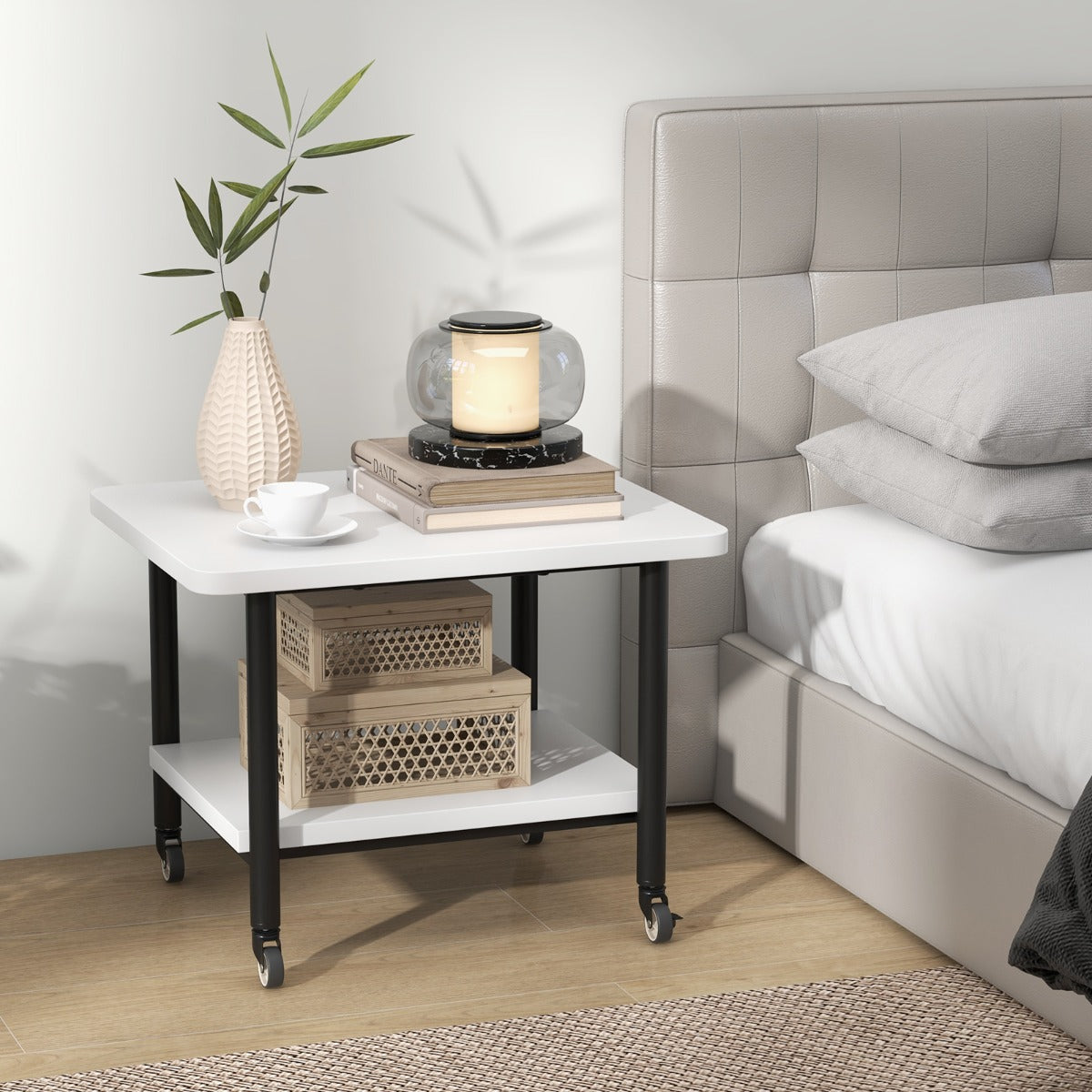 Tavolino in legno multifunzione con ruote girevoli-Mobiletto carrello con 2 ripiani 49x40x37cm Bianco e nero