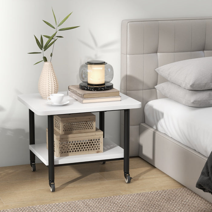 Tavolino in legno multifunzione con ruote girevoli-Mobiletto carrello con 2 ripiani 49x40x37cm Bianco e nero