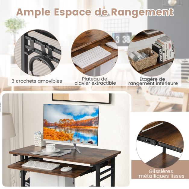 Scrivania per computer su ruote Scrivania per computer mobile con ripiano estraibile per tastiera per casa ufficio Camera dei bambini Marrone 20_0002071