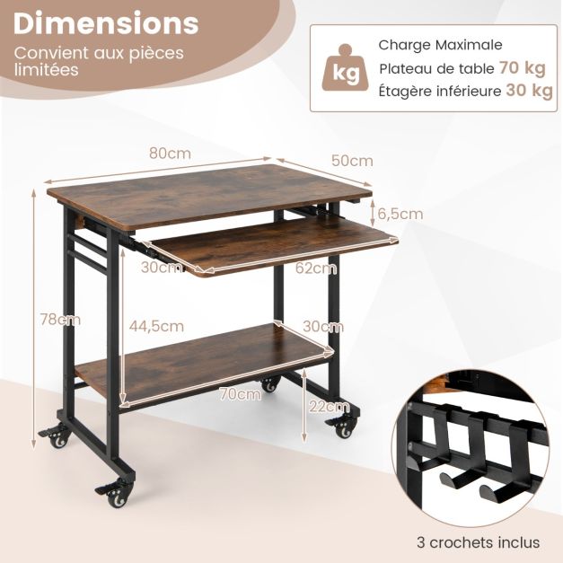 Scrivania per computer su ruote Scrivania per computer mobile con ripiano estraibile per tastiera per casa ufficio Camera dei bambini Marrone 20_0002071