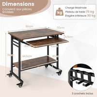 Scrivania per computer su ruote Scrivania per computer mobile con ripiano estraibile per tastiera per casa ufficio Camera dei bambini Marrone 20_0002071