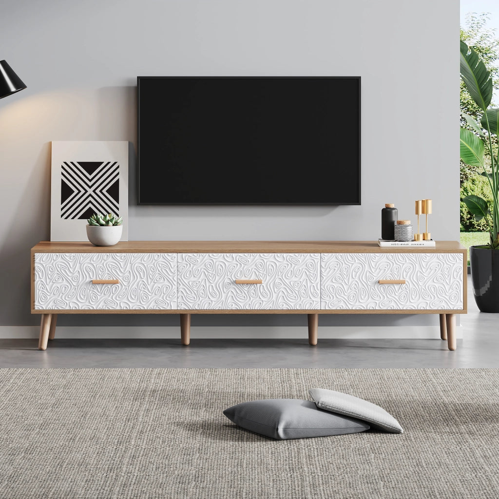Mobile TV vintage 150 cm con 3 cassetti, finitura legno chiaro e dettagli bianchi
