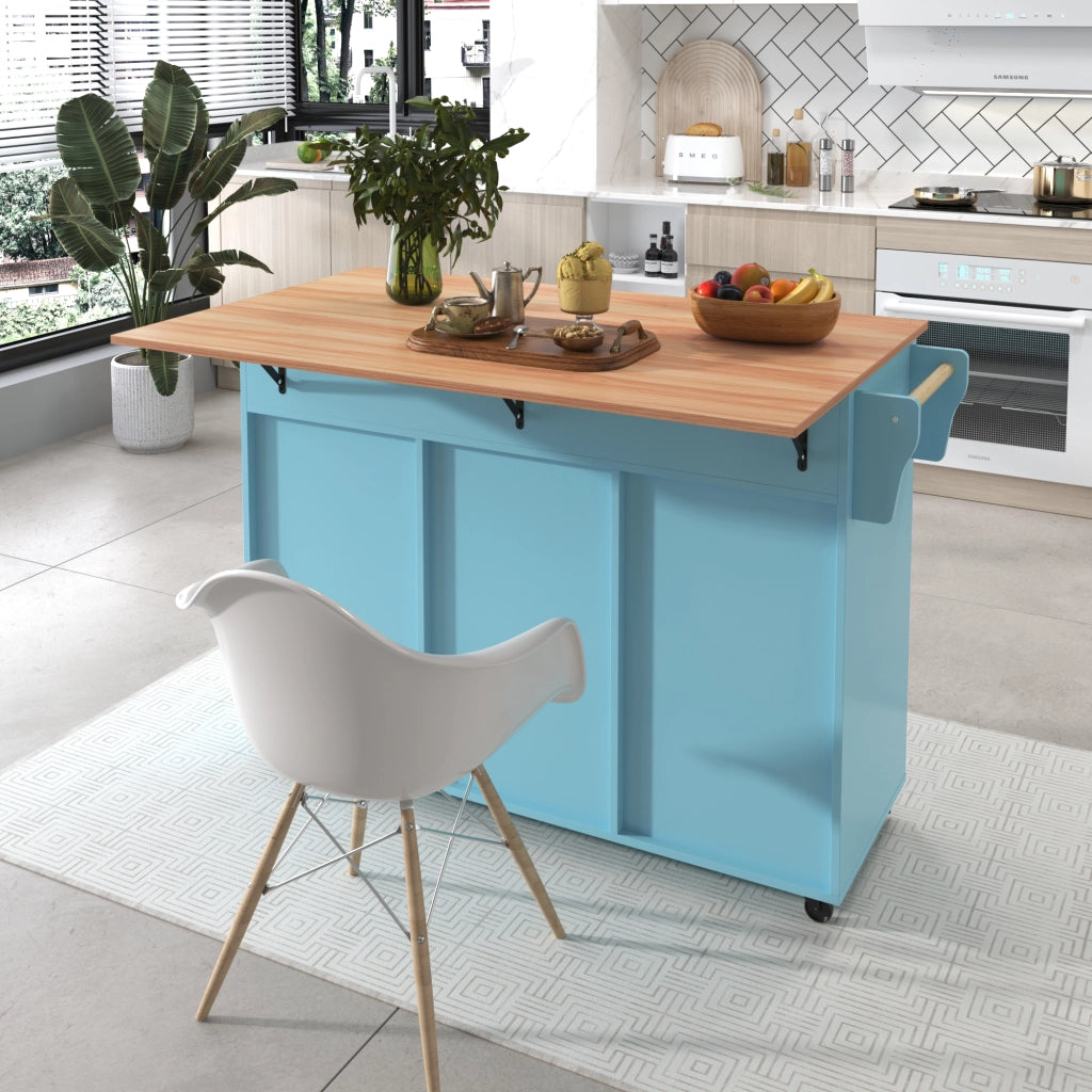 Carrello da cucina con piano pieghevole, 129x71x91,5 cm, blu, con cassetti, ripiani regolabili e ruote
