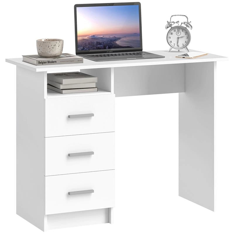 SCRIVANIA MODERNA IN LEGNO CON 3 CASSETTI E RIPIANO APERTO 100X40X75 CM BIANCA E MARRONE
