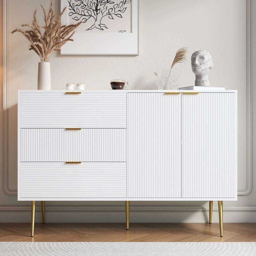 Sideboard con 3 cassetti; 2 porte e ripiani interni in MDF bianco e oro 120x38x80;5 cm