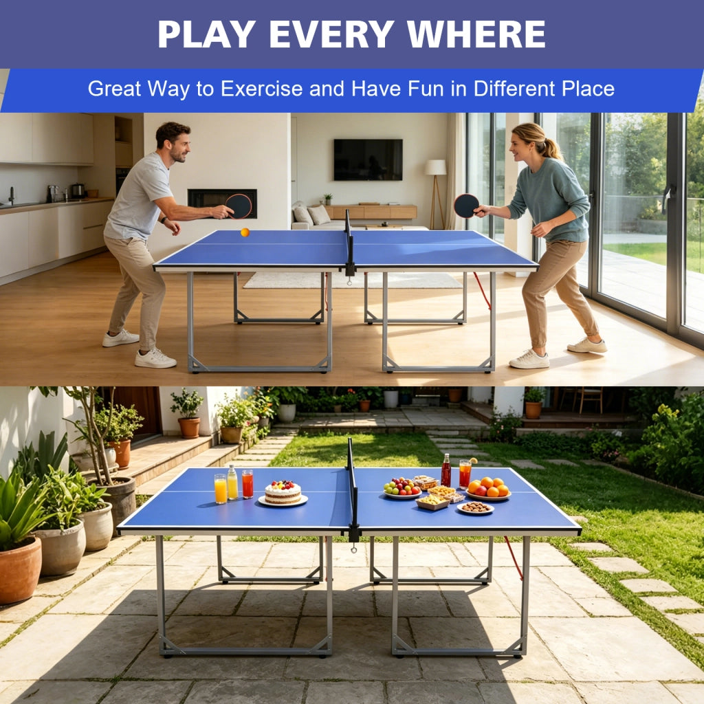 Tavolo da ping pong pieghevole 182 x 91 cm blu, MDF e struttura in acciaio, set completo con rete, 2 racchette e 3 palline