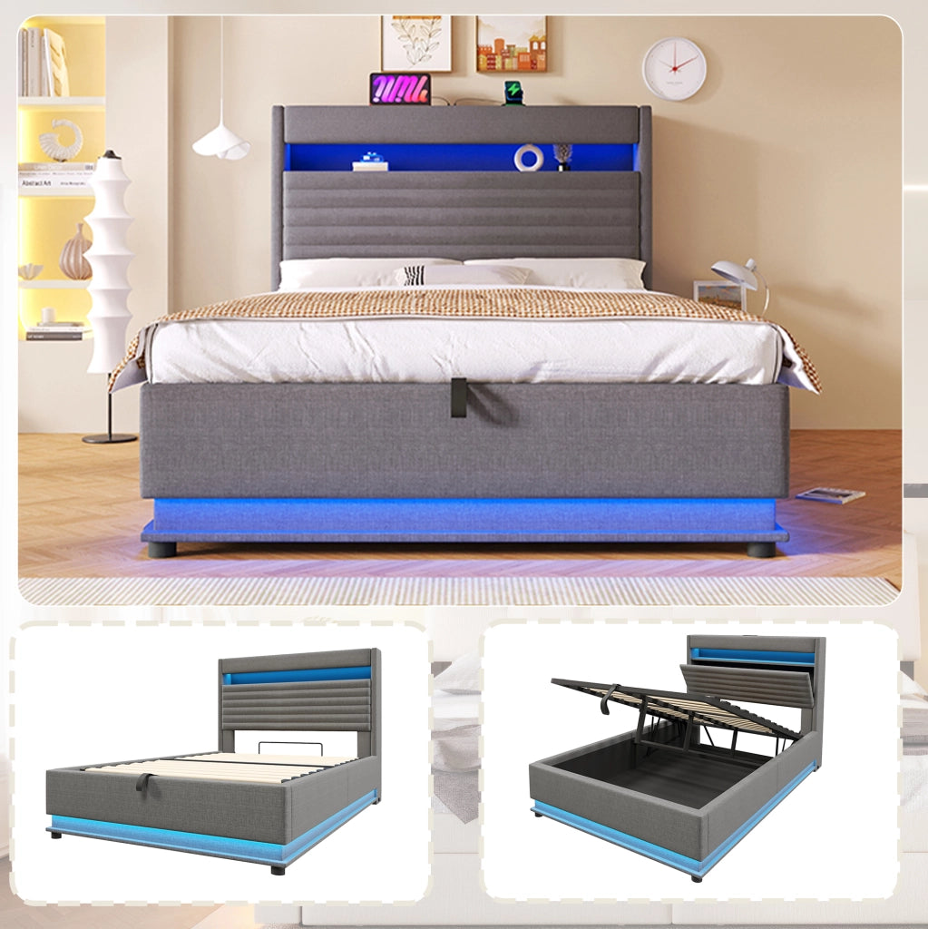 Letto imbottito 140x200 cm con LED, USB-C e vano contenitore
