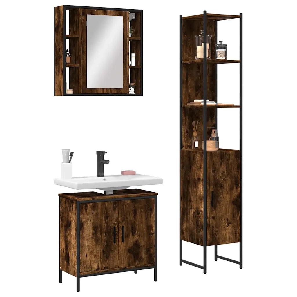 Set Mobili da Bagno 3 pz Rovere Fumo in Legno Multistrato 3214742