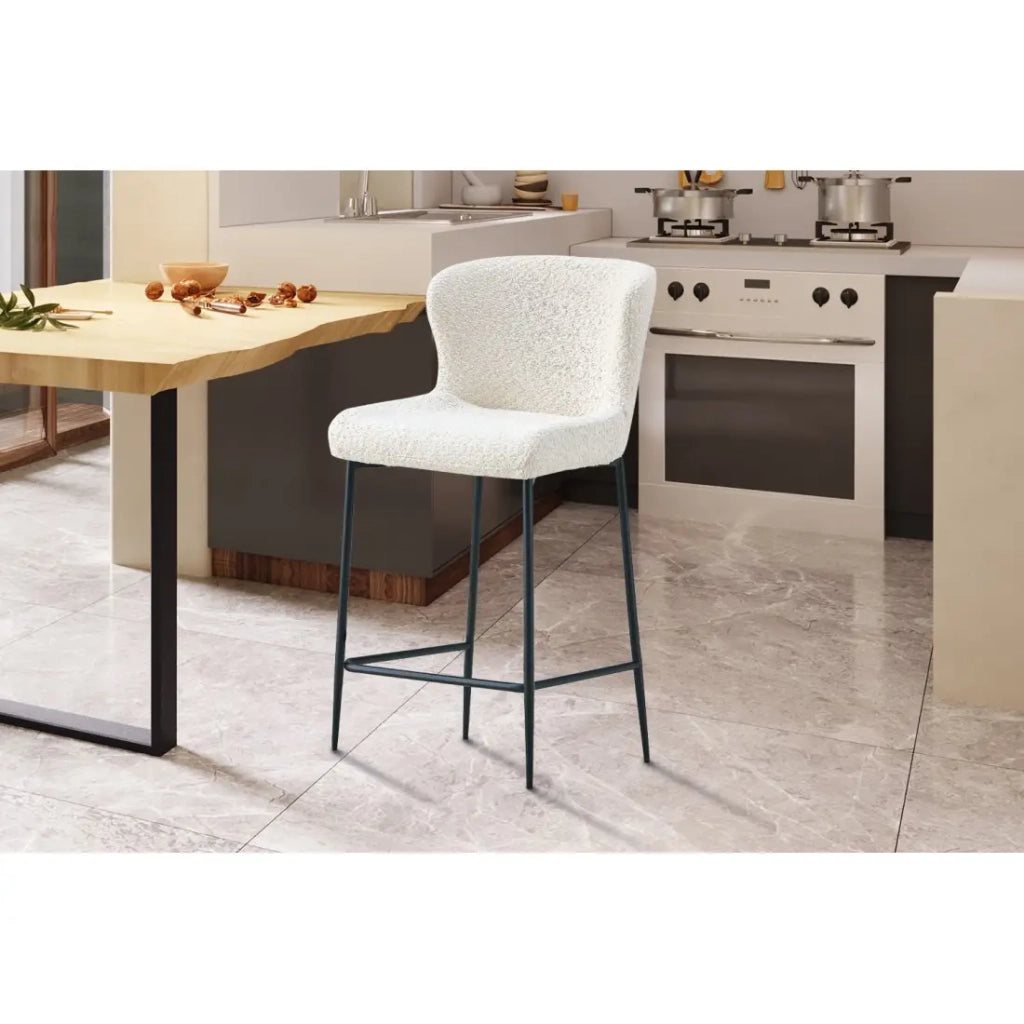 Sedia da bancone LISE - Tessuto bouclé colore bianco avorio - Piedi in metallo nero - Stile design/industriale