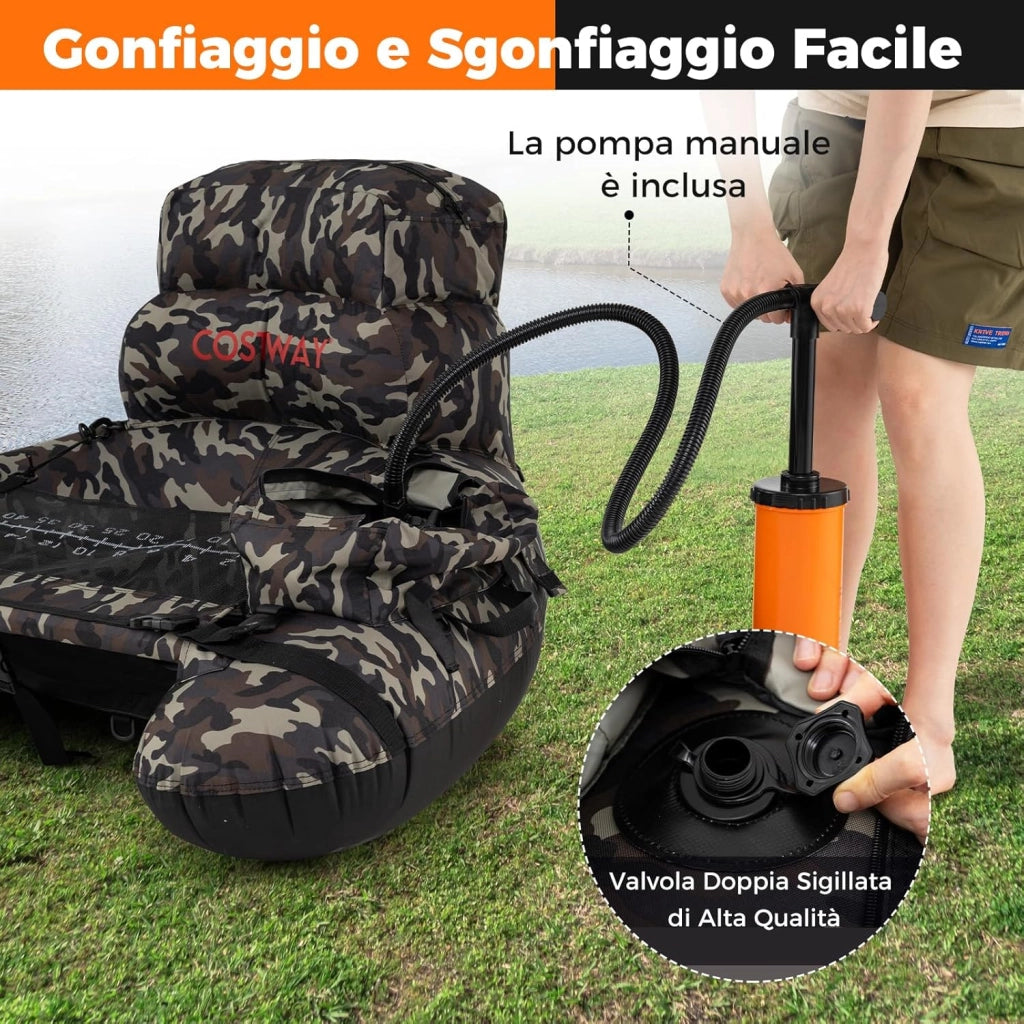 Galleggiante da Pesca Gonfiabile, Barca da Pesca Portatile con Spallacci, Pompa Manuale, Remi, Pinne, Supporto per Canna da Pesca, Righello per Pesci e Spazi di Stoccaggio, Portata 150 kg
