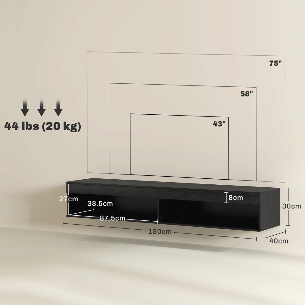 Mobile TV fino 75" Sospeso con Luci LED 16 Colori e Telecomando 180x40x30 cm Nero