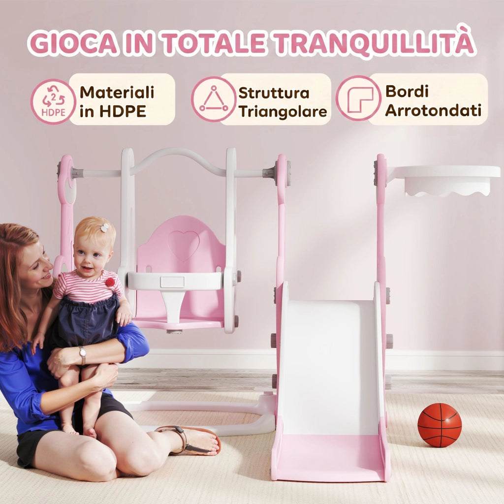 Scivolo per Bambini 4 in 1 con Altalena Scaletta da Arrampicata e Cestino da Basket in PP e PE Rosa