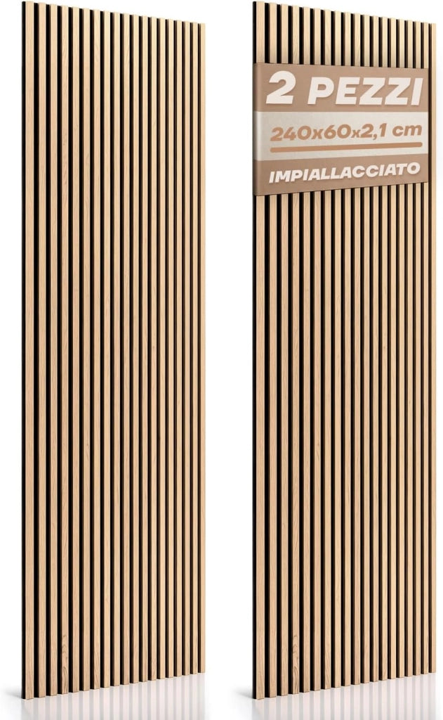 RMF PRO Set 2 Pannelli Decorativi Parete Legno Fonoassorbenti Rovere Bianco 240x60 cm (2,88 m²) – Rivestimento Acustico a Listelli MDF per Casa, Studio e Ufficio