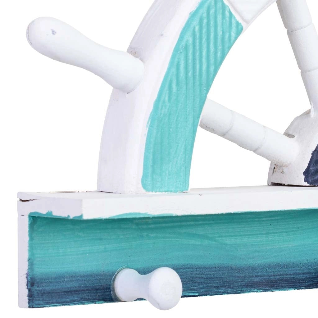 Appendiabiti da parete in legno con 3 ganci e timone blu, 32x5x21 cm