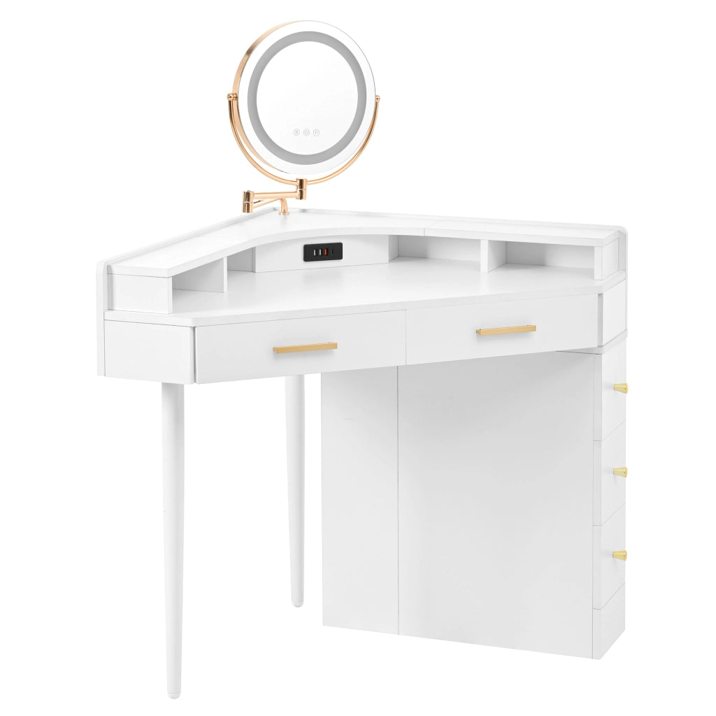 Scrivania Angolare Toeletta con Specchio LED e 5 Cassetti ¨C MINIMAL ¨C Bianco 105.5x75x120 cm