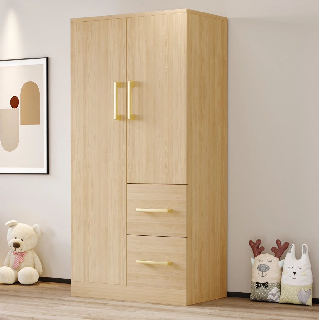 Armadio per cameretta a 2 ante con 2 cassetti e vano contenitore; 70 x 40 x 135 cm; legno naturale