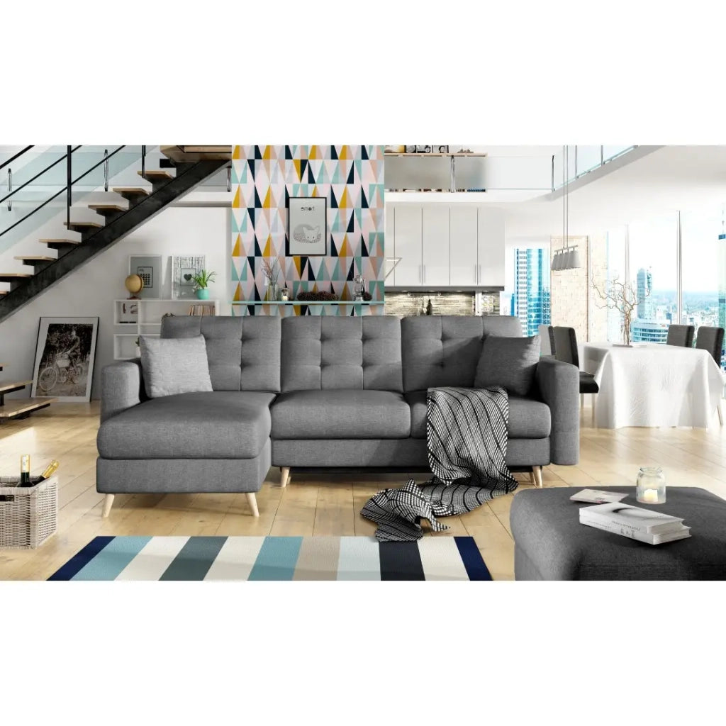 Divano angolare convertibile HASGARD 3 posti grigio scuro 248x162 cm - con contenitore e piedi in legno