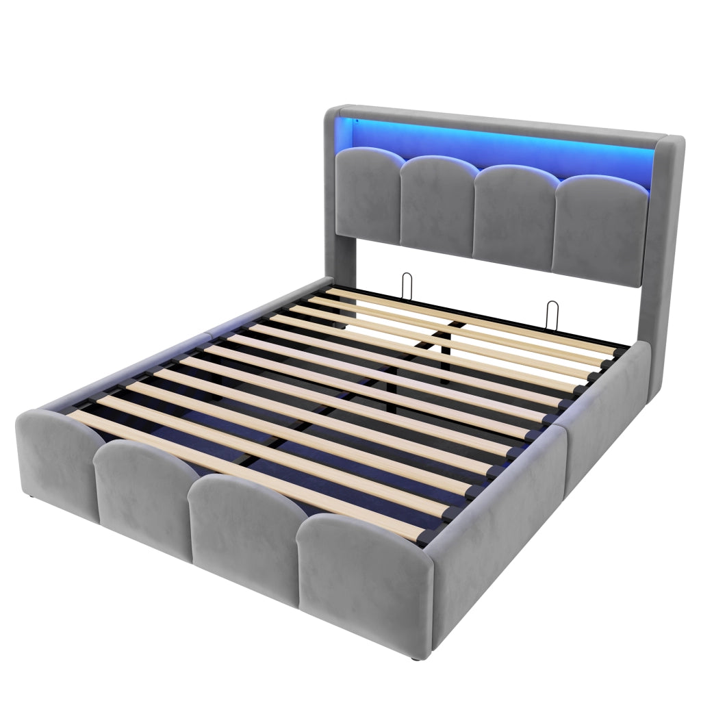 Letto imbottito 140x200 in velluto grigio con contenitore idraulico; LED; USB e Tipo-C