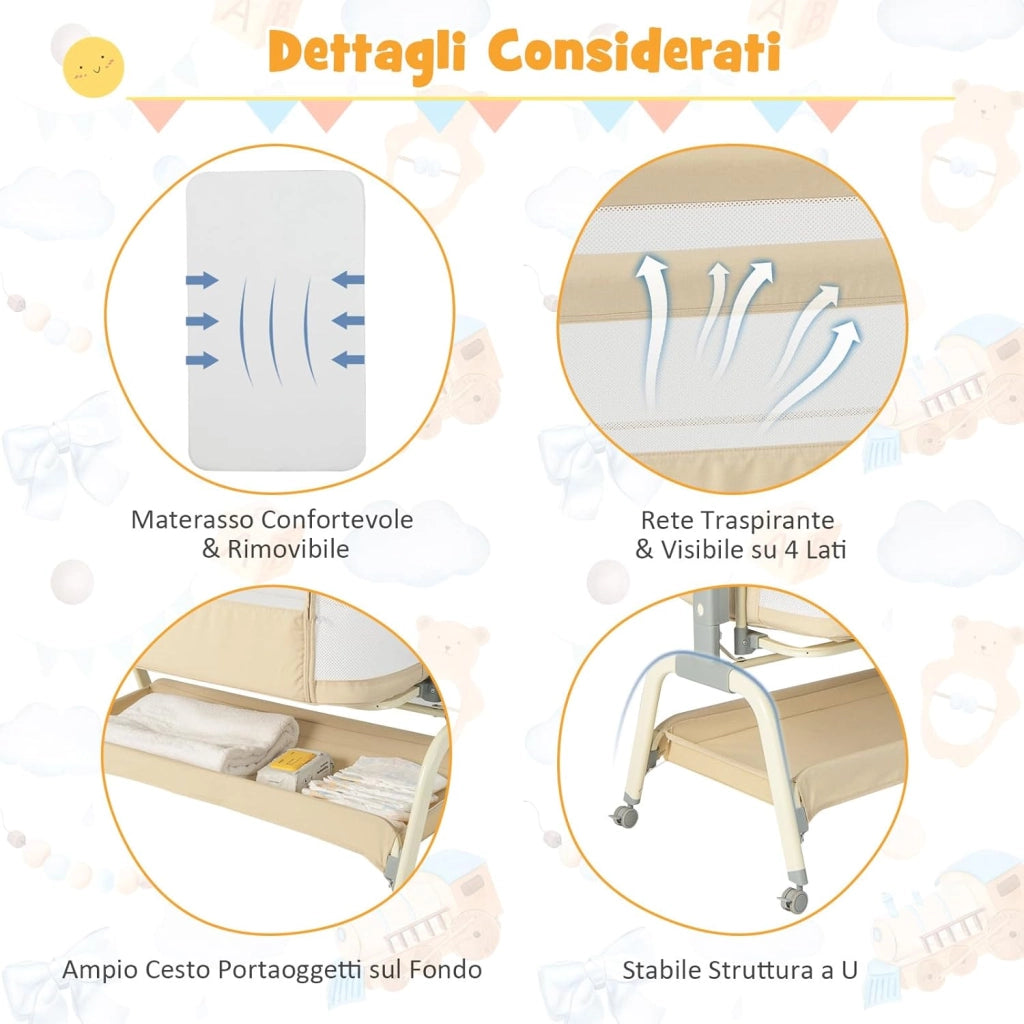 Culla Neonato Fianco 4 in 1, Culla Co-sleeping con Spondina Aperto, Altezza Regolabile, Inclinabile, Materasso Ruote Borsa da Viaggio Zanzariera Inclusi, 0-6 Mesi Fino a 9 kg (Beige)