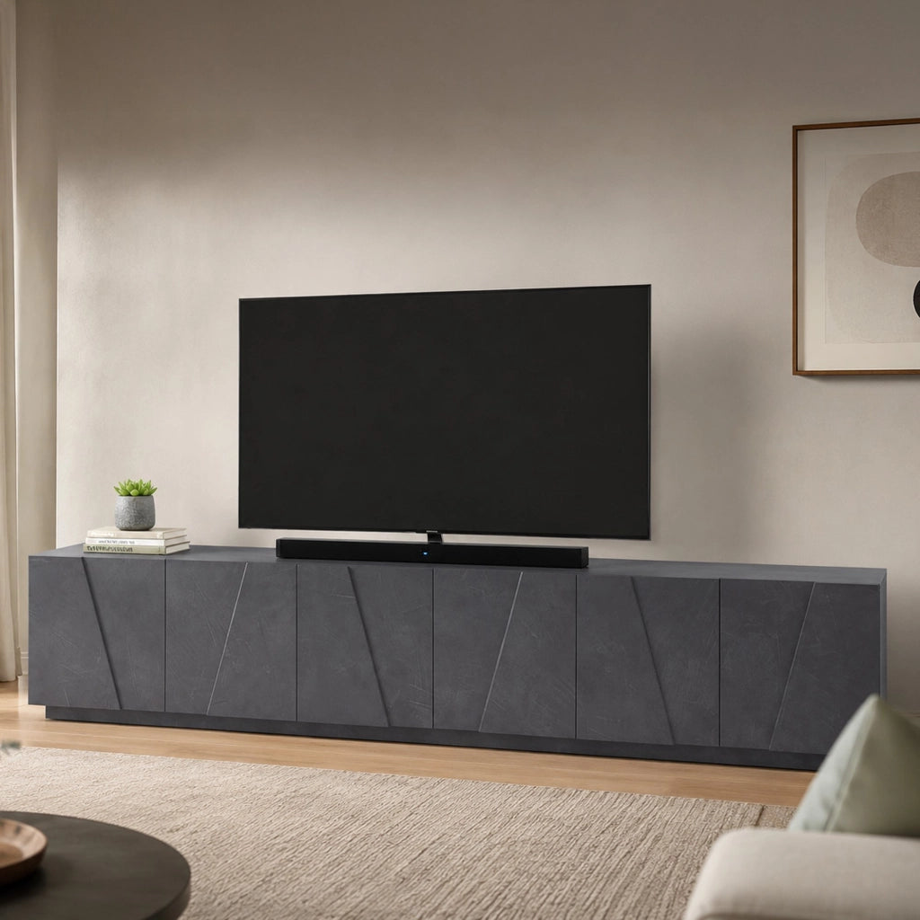 Mobile da soggiorno Porta Aemilor, Made in Italy, Credenza per Aemilor da salotto a 6 antine battenti con dettaglio, cm 244x44h46, Grigio Ardesia