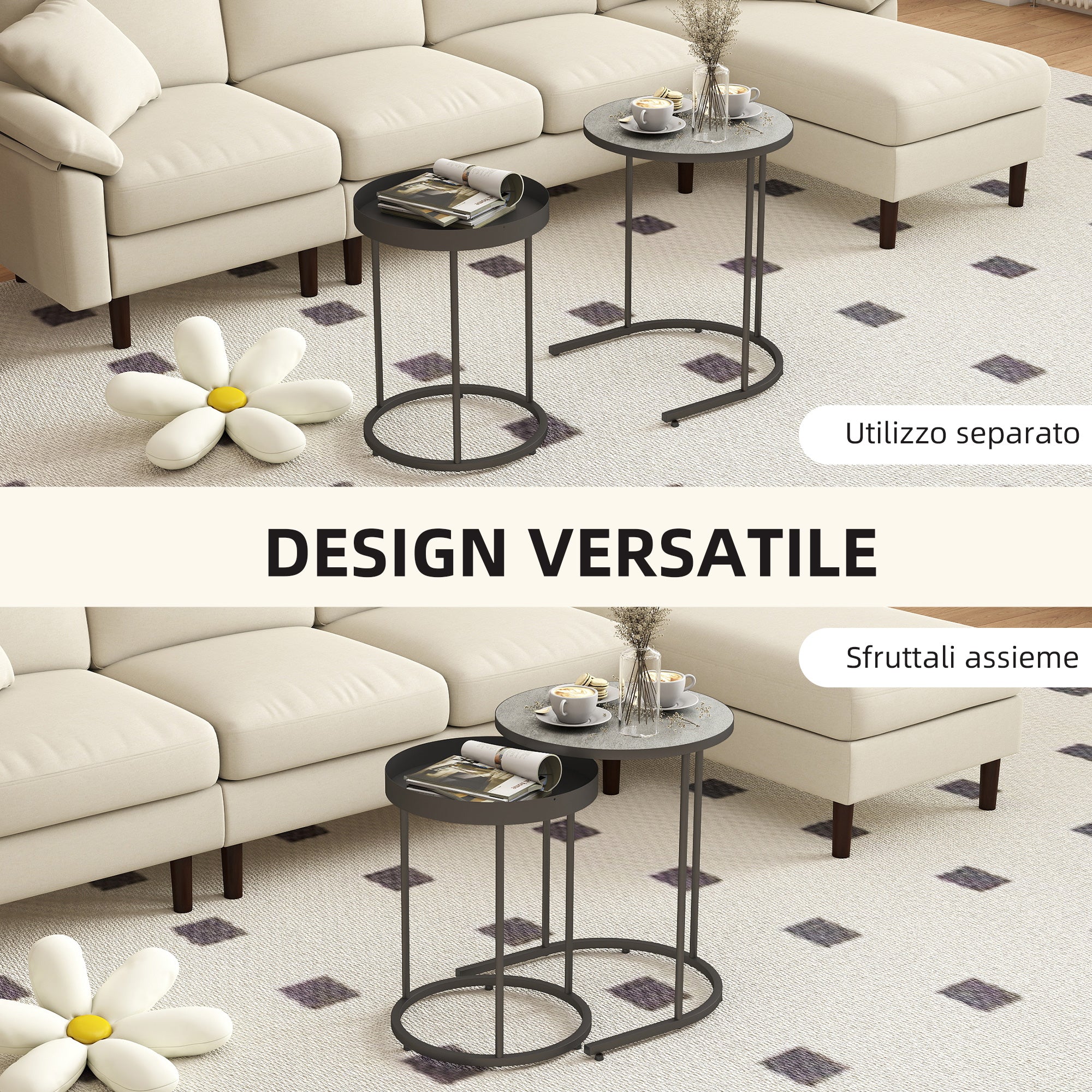 Set 2 Tavolini da Salotto Impilabili in Stile Industriale Ø42x54 cm e Ø36,5x48,5 cm in Legno e Metallo Grigio e Nero