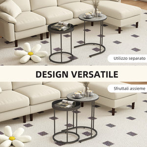 Set 2 Tavolini da Salotto Impilabili in Stile Industriale Ø42x54 cm e Ø36,5x48,5 cm in Legno e Metallo Grigio e Nero