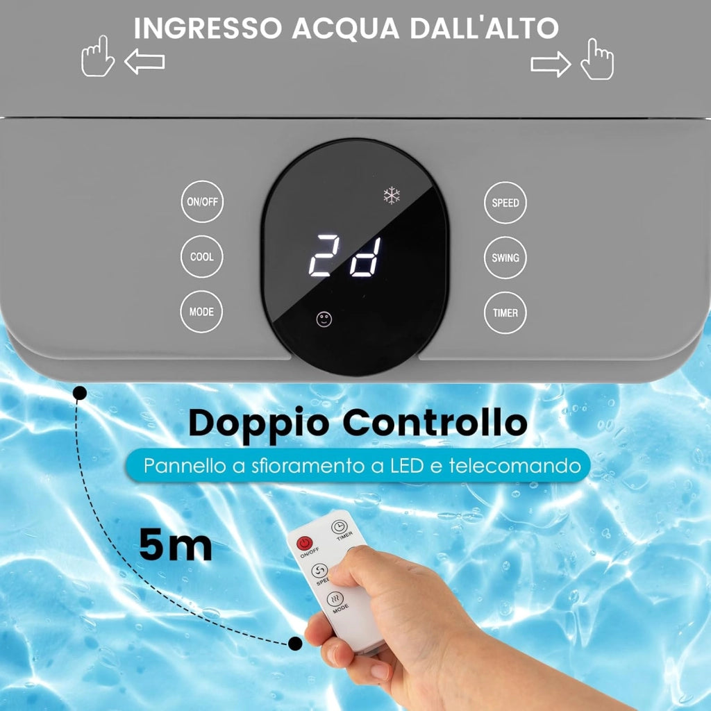 Condizionatore Portatile 3 in 1, Condizionatore d'aria Evaporativo portatile con Raffreddamento, Ventola e Umidificazione, 3 Velocità del Vento, 12H Timer, Doppio Serbatoio d'acqua(Grigio)