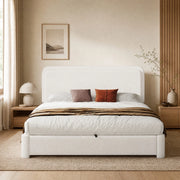 Letto matrimoniale imbottito 160x200 cm con rete a doghe, contenitore idraulico, testiera regolabile e rivestimento Bouclé bianco
