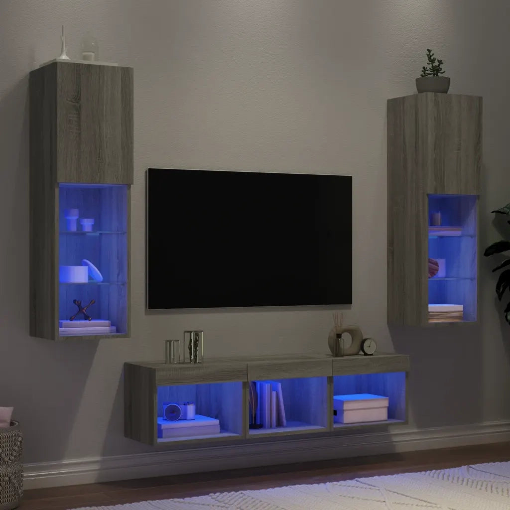 Mobili TV a Muro con LED 5 pz-Credenza per TV sospesa Grigio Sonoma in Legno Multistrato 922350