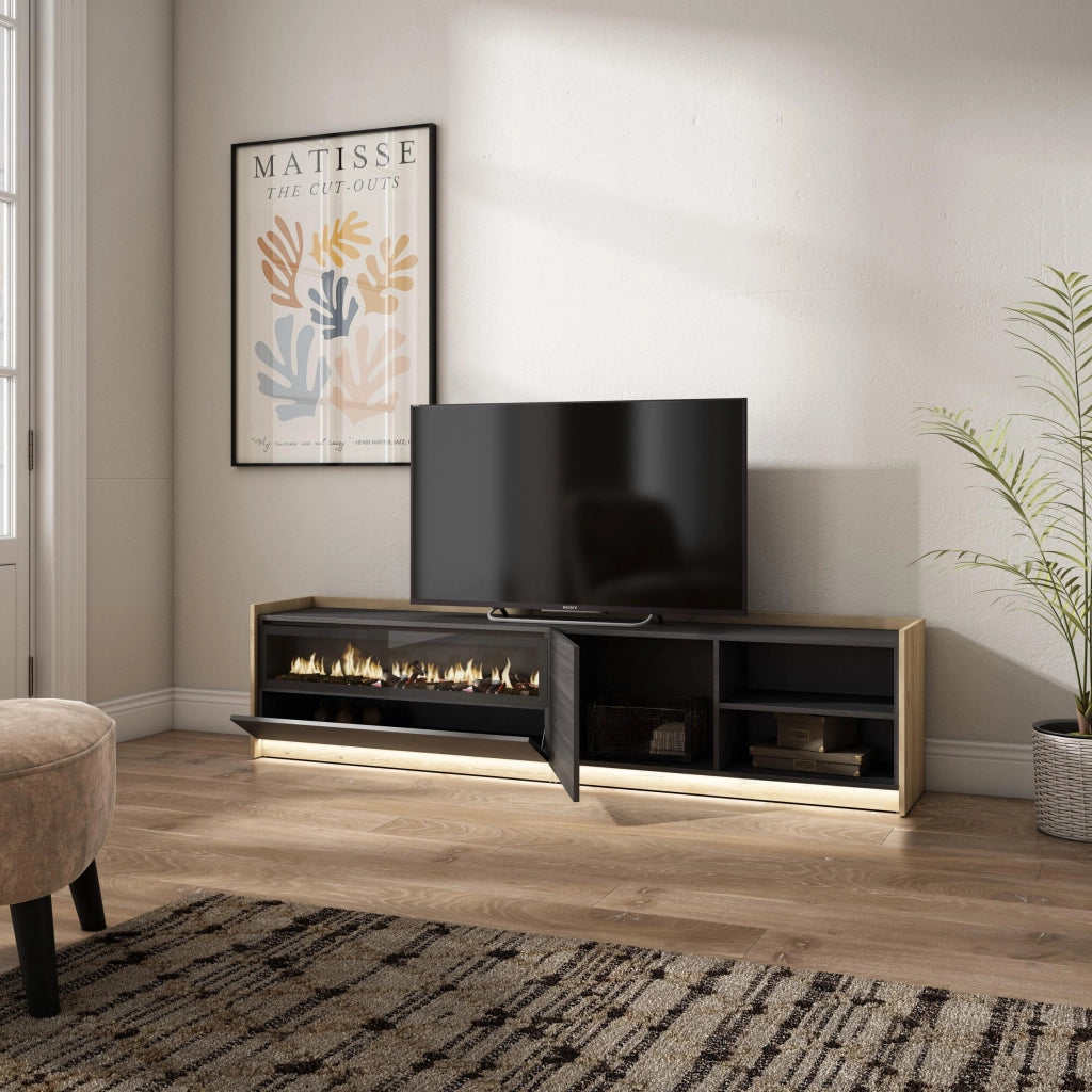 Mobile TV Soggiorno, 207x50x37 cm, Per TV fino a 80", Camino elettrico, LED, Nero e rovere