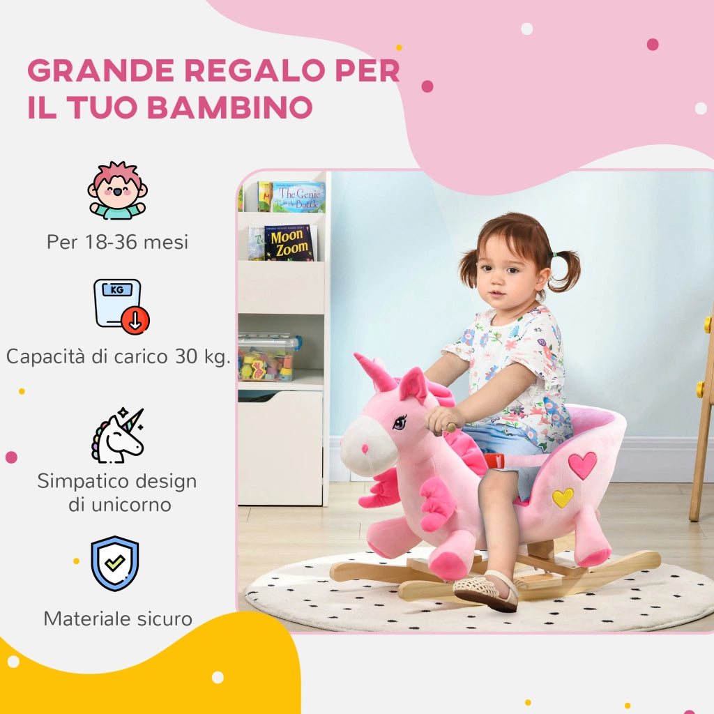 Cavallo a Dondolo Unicorno con Base in Legno e Cintura di Sicurezza ¨C Zephmum ¨C Rosa