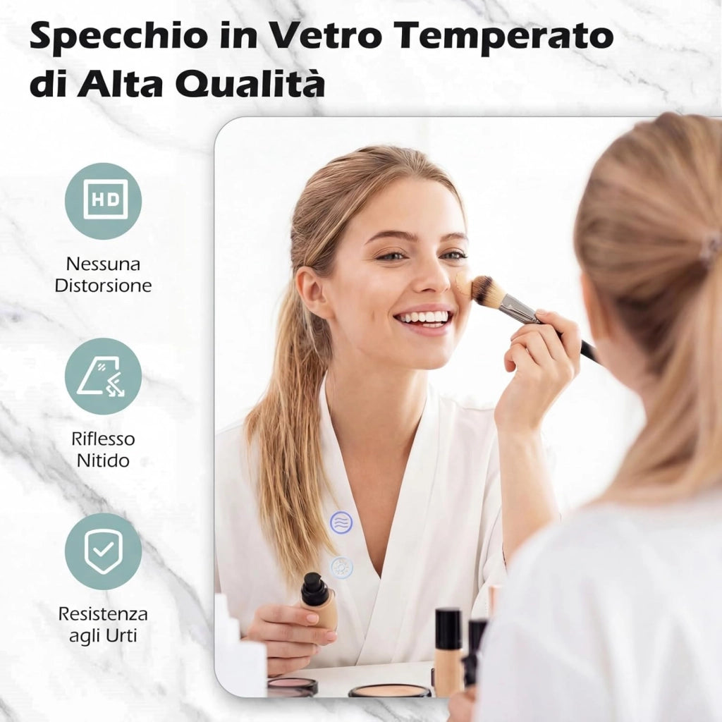 Specchio da Bagno Rettangolare con LED, Specchio da Parete con Luminosità Regolabile, Retroilluminato, Touch Intelligente, Vetro Temperato con Memoria e Anti-Appannamento (70 x 50 x 2,8 cm)