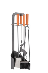 Trespolo per Attrezzi Camino Sagoma Cervo con Paletta Scopino Attizzino e Pinza 15,6x23,5x65 cm in Ferro e Legno Grigio