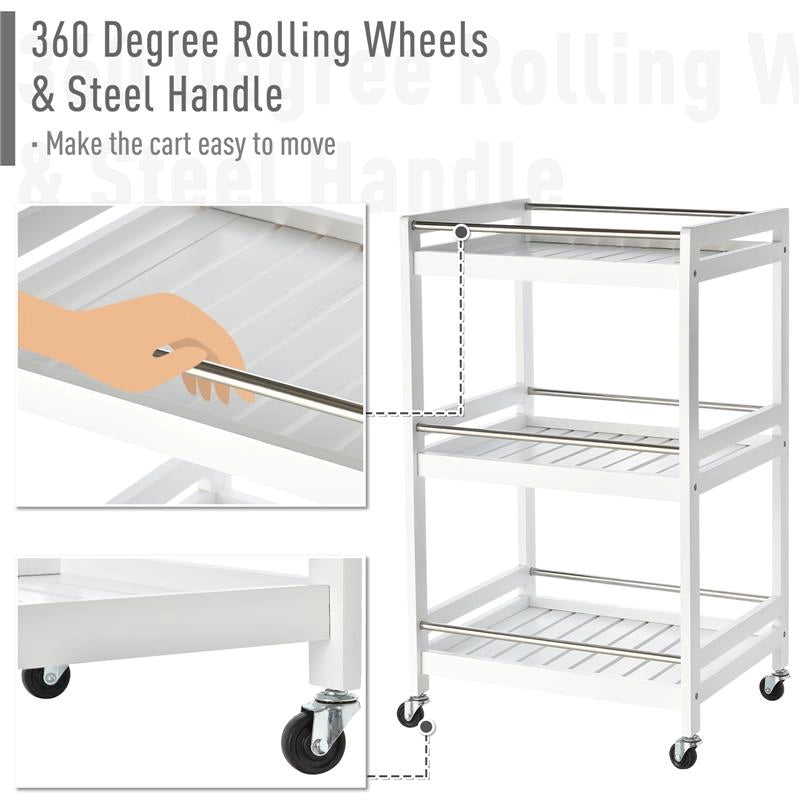 CARRELLO DA CUCINA  CON RUOTE IN LEGNO BIANCO CON 3 RIPIANI 4 RUOTE 360°