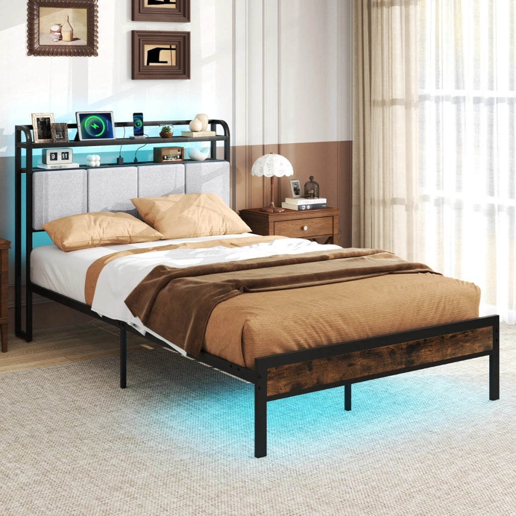Struttura letto king size con luci LED e stazione di ricarica-Letto metallico piattaforma con testiera rivestita in lino