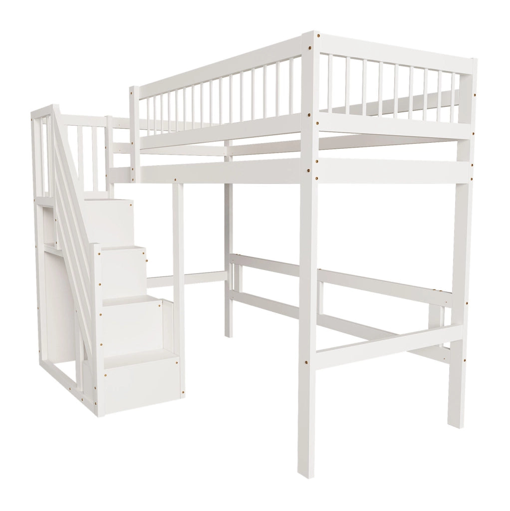Letto singolo 90x200 cm; scala con contenitore; legno; bianco (Senza materasso)
