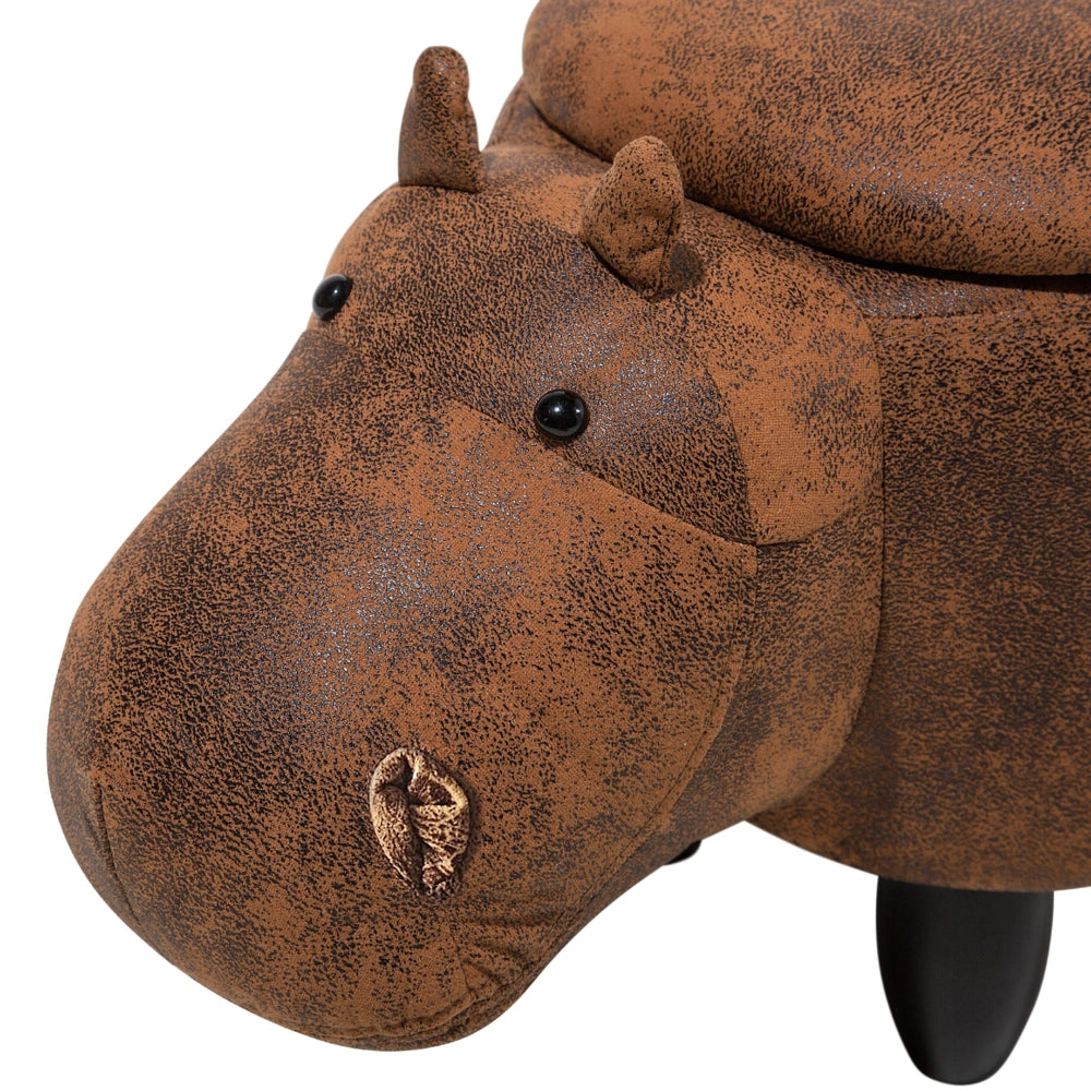 Sgabello per bambini Animale Hippo con contenitore in ecopelle marrone con gambe in legno Poggiapiedi per la scuola materna