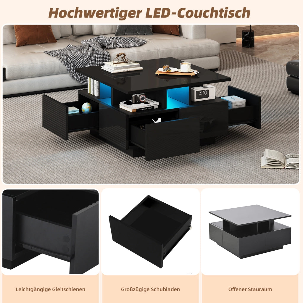Tavolino da caffè 70x70x40 cm con LED; 4 cassetti in truciolare nero