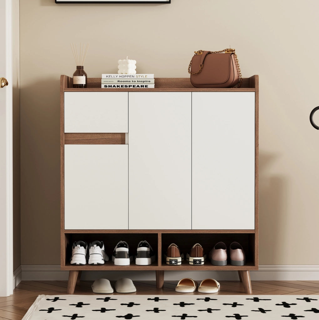 Scarpiera 90x35x99 cm con ripiani regolabili; pannello truciolare bianco e naturale