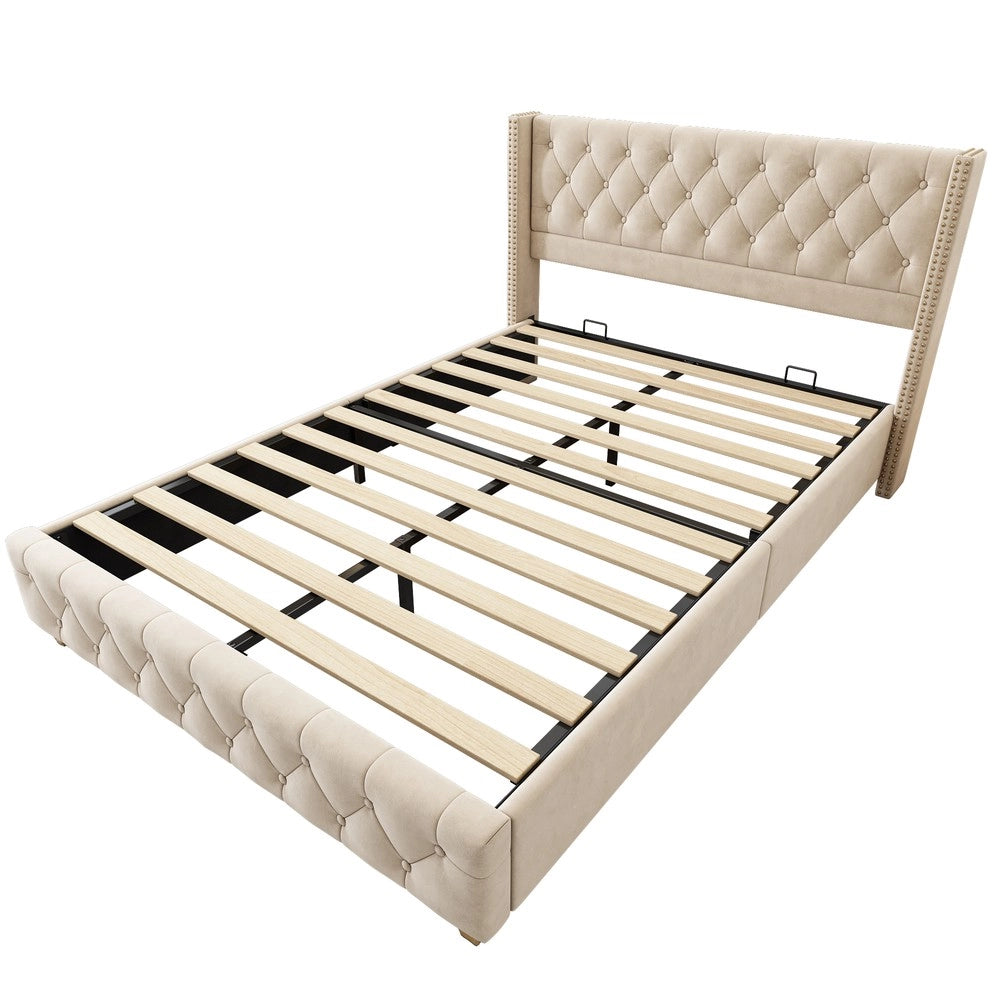 Letto imbottito con rete e testiera ¨C Minimal ¨C Velluto beige chiaro 160x200cm