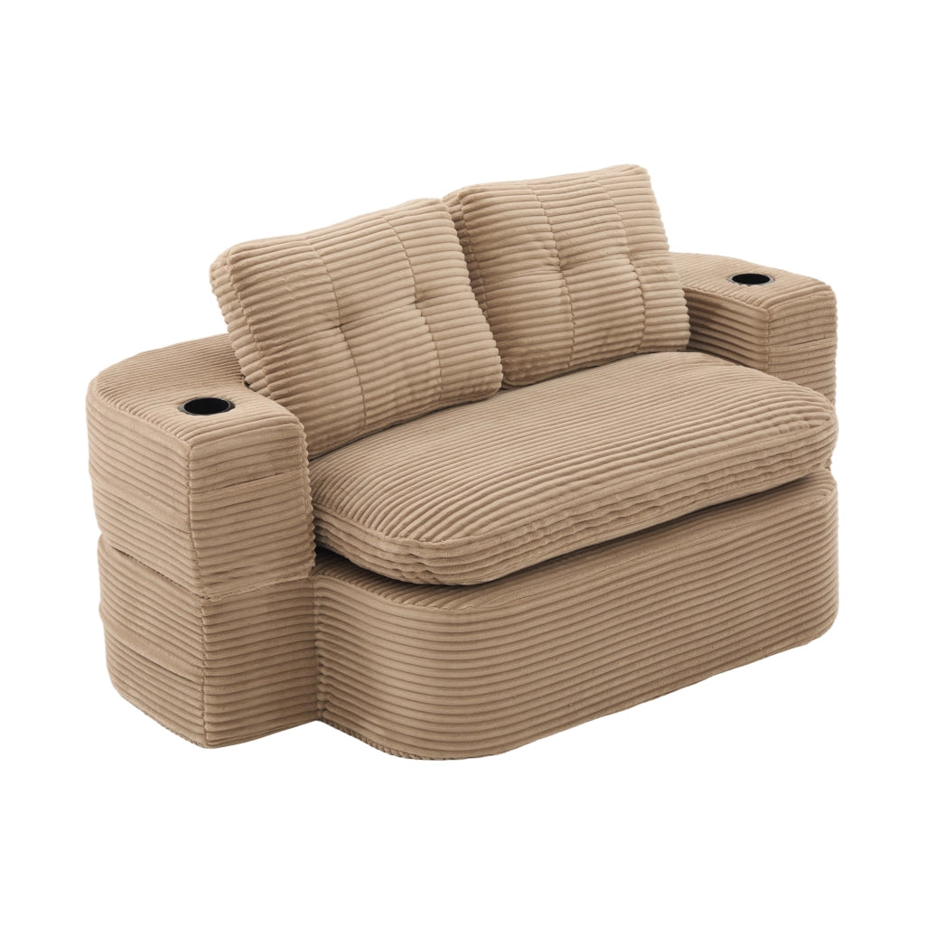 Sedia relax 2 in 1 in corduroy khaki con funzione letto, schienale alto, seduta extra profonda e portabicchieri doppi