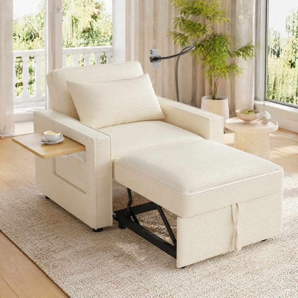 Divano letto 1 posto multifunzione con USB; Type-C e supporto smartphone; velluto a coste beige