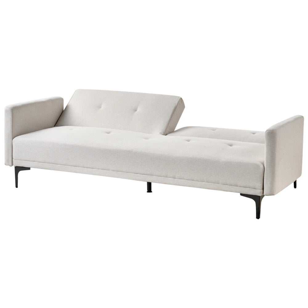 Divano letto moderno in tessuto beige chiaro a 3 posti con schienale con bottoni gambe nero design moderno scandinavo