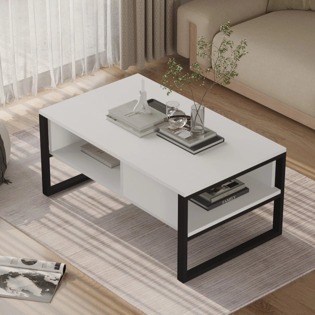 Tavolino Centrale da Salotto Laukaa con Scomparti 45 x 100 x 60 cm Bianco/Nero [en.casa]