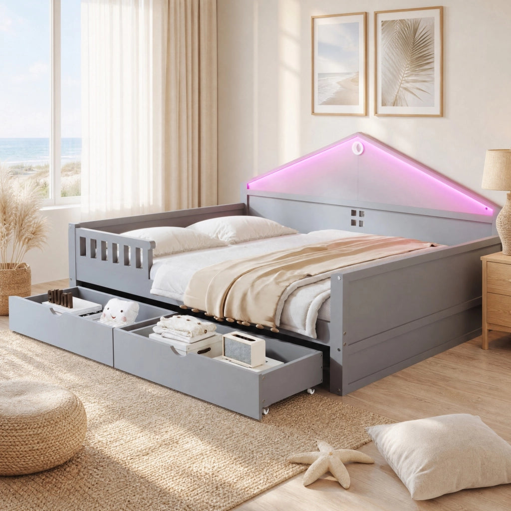 Letto singolo 140 × 200 cm con 2 cassetti LED controllabile da smartphone rete a doghe in legno e MDF grigio