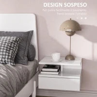 Set da 2 Comodini Moderni Sospesi con Cassetto e Mensola in Legno 35x32x22.5cm, Bianco Lucido