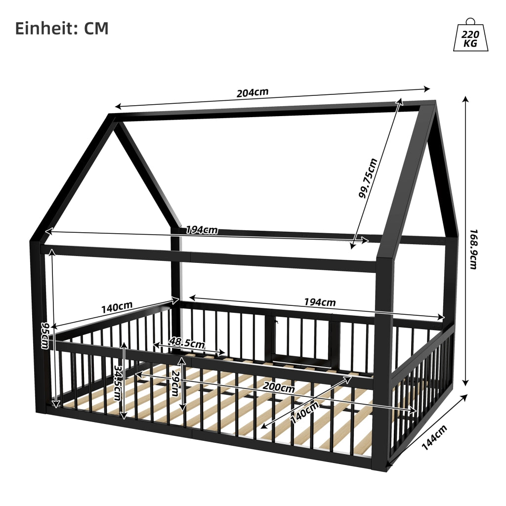 DESMIU Letto per bambini 2 posti con sponde e tetto, 140 × 200 cm, senza materasso, in metallo, nero