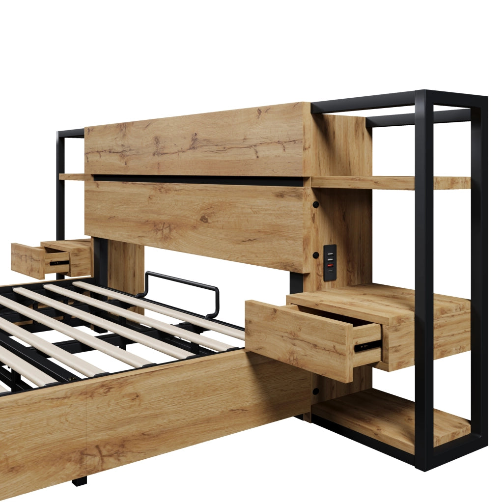 Letto matrimoniale 180x200 cm con contenitore e USB Type-C; struttura in MDF e metallo; rovere