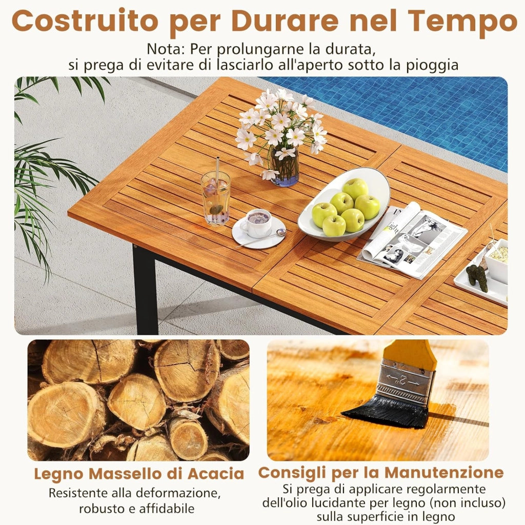 Tavolo Allungabile e 6 Sedie da Esterno, Pranzo da Giardino in Legno Massello, Tavolo con Foro per Ombrellone e Poltrone con Cuscini, Schienale e Braccioli, per Balcone e Cortile