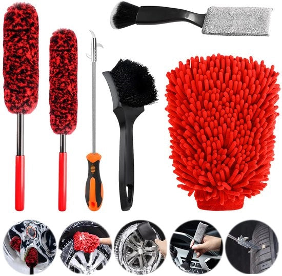 Kit di pulizia autoguida, set di pulizia auto 6 pezzi, pulizia interno ed esterno dell'auto, kit di pulizia auto con spazzola per ruote, spazzola per dettagli per diffusore d'aria, pneumatici, pulizia domestica